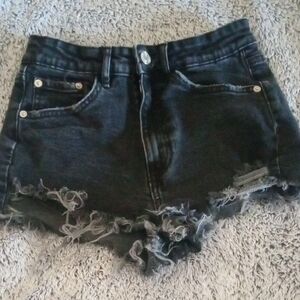 Zara Black Distressed Frayed Hem Denim Shorts